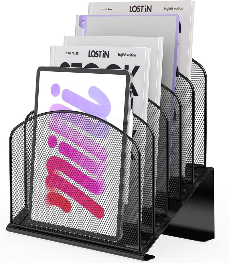 Sinboun Inclined Desk File Organizer Metal Desk Magazine Folder Holder with 5-Section Vertical Compartments Rack File Organizer for Office, Home, School, Black - Image 1